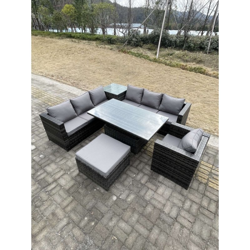 Fimous 8 Seater PE Rattan Corner Sofa Set Rising Adjustable Dining Table Set High Side Coffee Table With Arm Chair Big Footstool