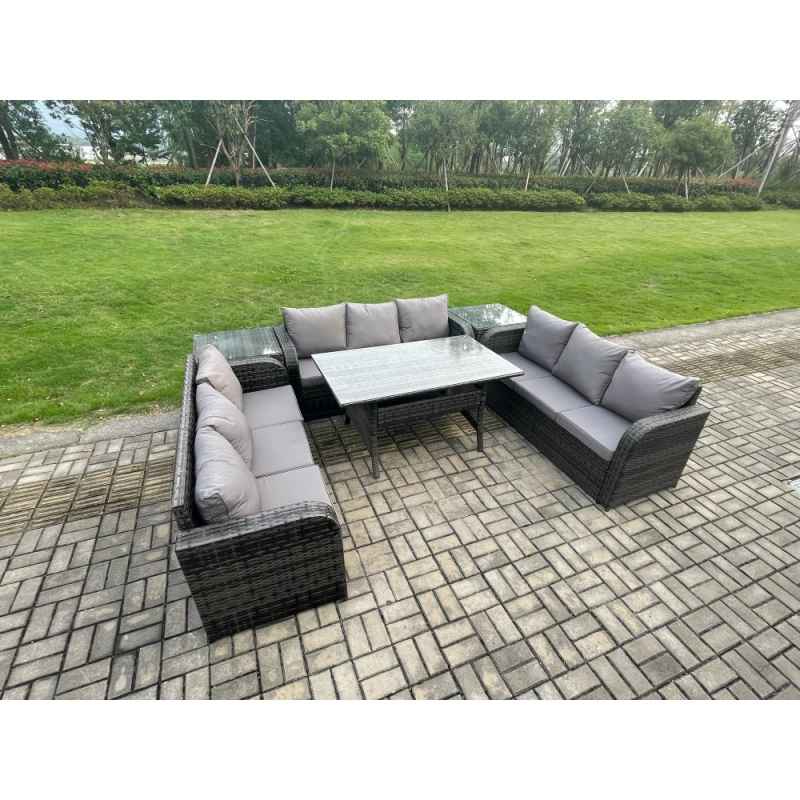 Fimous Rattan Garden Furniture Set with Oblong Rectangular Dining Table 2 Side Tables 9 Seater Outdoor Lounge Sofa Set Dark Grey Mixed