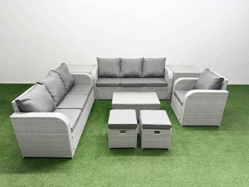 Fimous 9 Seater Poly Rattan Outdoor Garden Furniture Sofa Set Patio 3 Seater Sofa Reclining Chair 3 Seater Sofa Stools 2 Side Table Light Grey