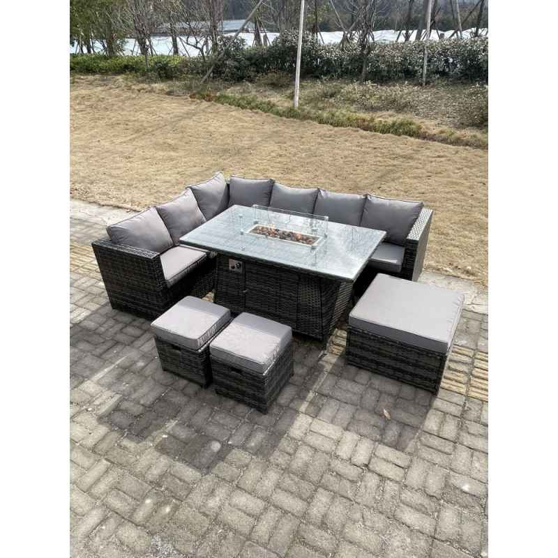 Fimous 9 Seater Rattan Corner Sofa Set Gas Firepit Dining Table Set Patio Heater Burner With Big Footstool Dark Grey Mixed