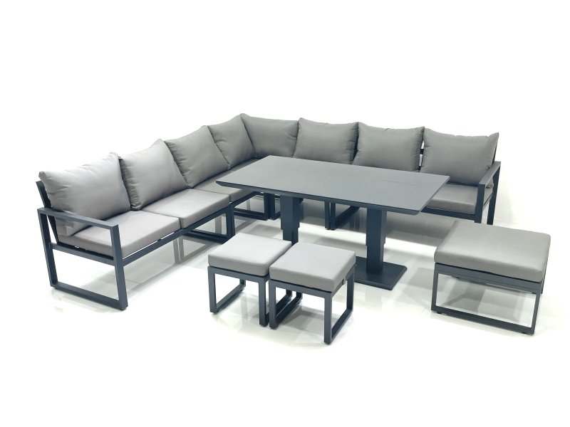 Fimous 10 Seater Outdoor Aluminum Garden Furniture Set Corner Sofa 3 Footstools Adjustable Rising Lifting Dining Table Sets Dark Grey