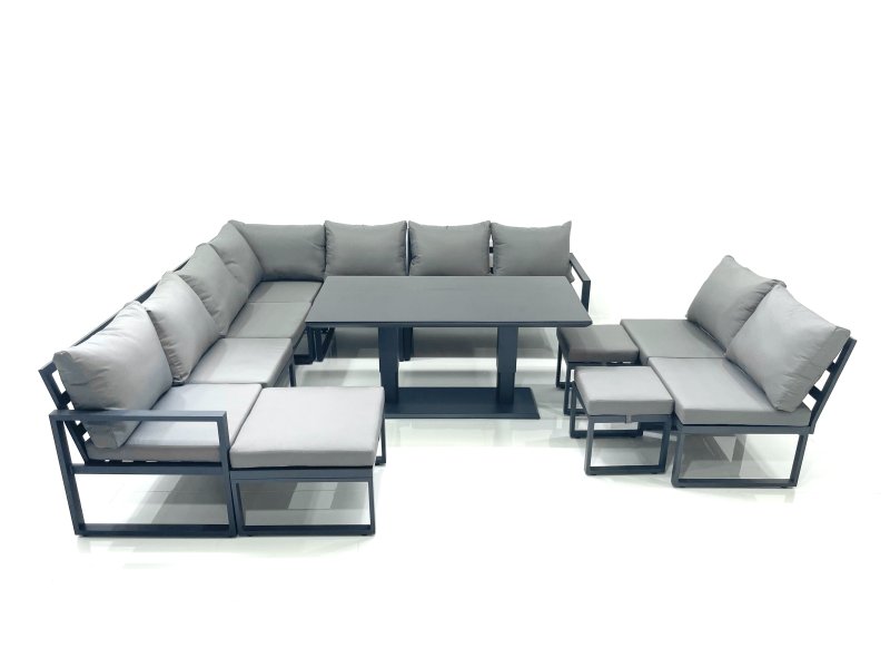 Fimous 12 Seater Outdoor Aluminum Garden Furniture Set Corner Sofa 3 Footstools Rising Lifting Dining Table Sets Dark Grey