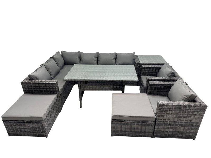 Fimous Outdoor PE Rattan Sofa Set with Dining Table Patio Garden Furniture Sets with 2 Big Stool Side Table Dark Grey Mixed
