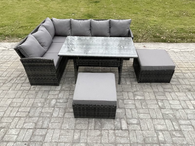 Fimous 8 Seater Outdoor Rattan Garden Furniture Set with Rectangular Dining Table 2 Big Footstool Patio Wicker Corner Sofa Set Dark Grey Mixed