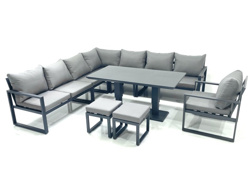 Fimous 10 Seater Outdoor Aluminum Garden Furniture Set Corner Sofa Chair 2 Small Footstool Adjustable Rising Lifting Dining Table Sets Dark Grey