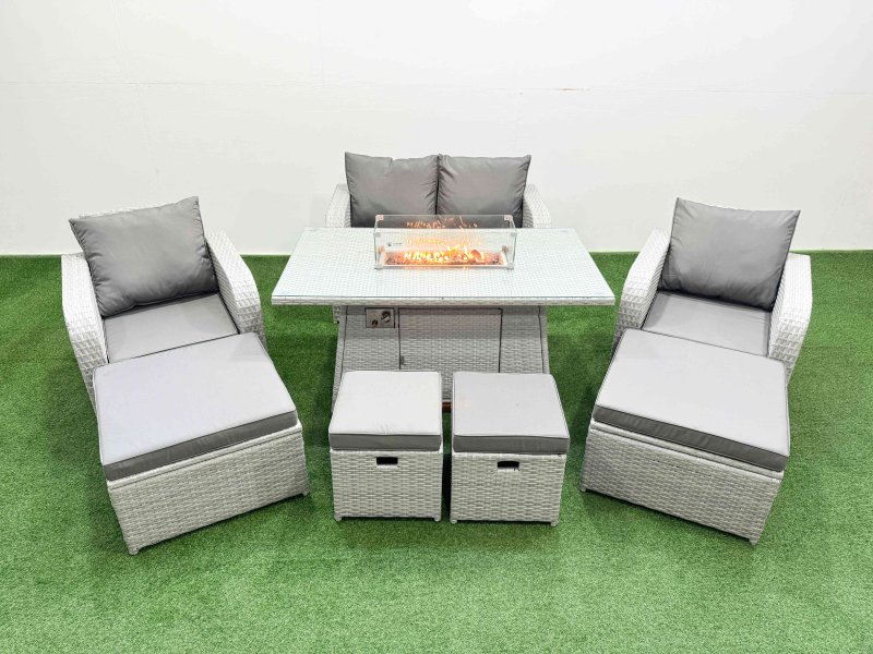 Fimous PE Rattan Lounge Sofa Set 8 Seater Outdoor Garden Furniture Set with Gas Firepit Table Love Sofa 2 Big Footstools 2 Small Footstools Light Grey