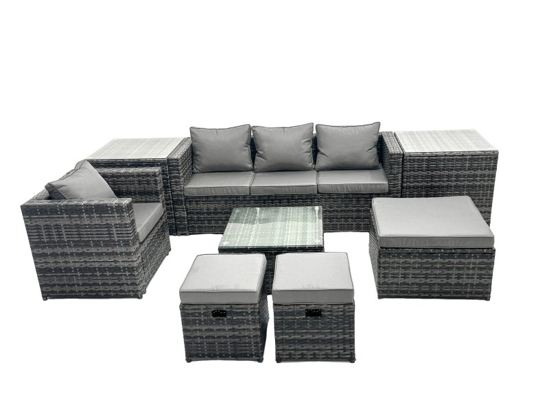 Fimous Outdoor Rattan Garden Furniture Set 7 Seater Patio Lounge Sofa Set with Armchair Square Coffee Table 2 Side Tables 3 Footstools Dark Grey Mixed