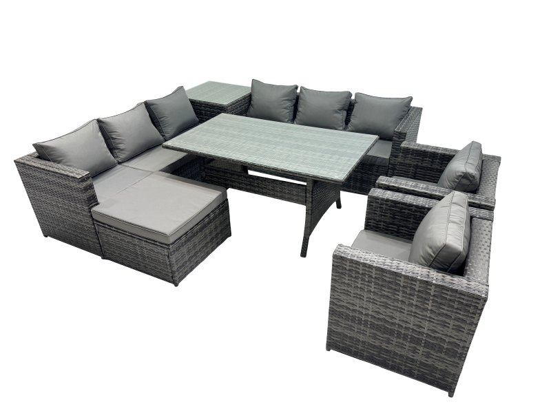 Fimous Outdoor Corner Sofa Chair Dining Table Set Garden Rattan Furniture Set 9 Seater with Side Table Big Stool Dark Grey