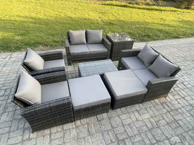 Fimous Garden Furniture Sets 8 Pieces Outdoor Rattan Furniture Manual Wicker Patio Sofa Chair Set with Coffee Table 2 Big Footstool Side Table Dark Grey Mixed