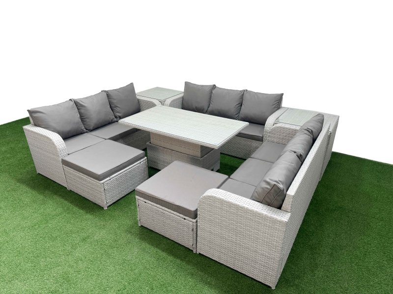 Fimous PE Rattan Lounge Sofa Set 11 Seater Outdoor Garden Furniture Set with Adjustable Lifting Dining or Coffee Table 3 Seater Sofa 2 Big Footstools 2 Side Table Light Grey