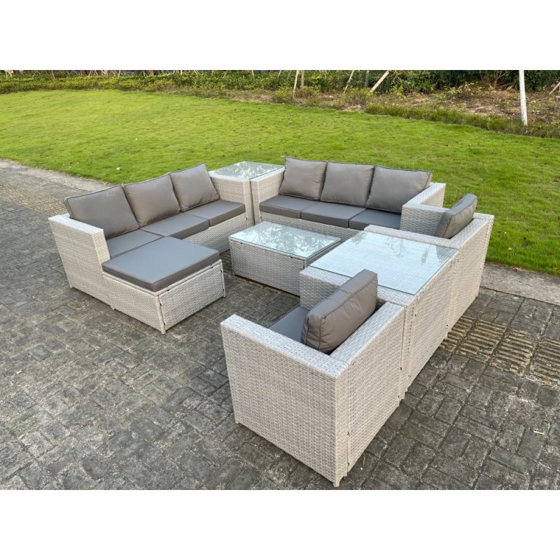 Fimous Light Grey Outdoor PE Rattan Garden Furniture Set Wicker Sofa Set Rectanguar Coffee Table 2 Armchair 2 Side Table 9 Seat