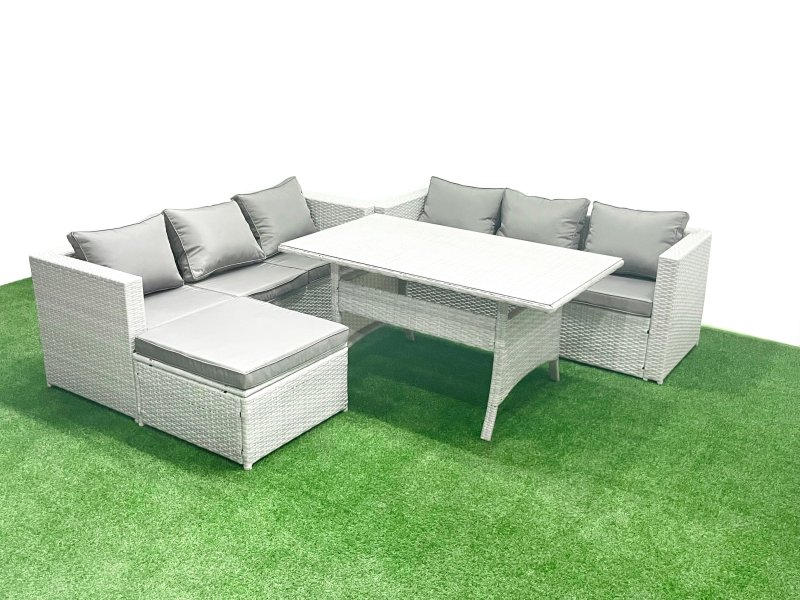 Fimous Rattan Garden Furniture Set 7 Seater Outdoor Sofa Set with Dining Table Big Footstool Light Grey Mixed