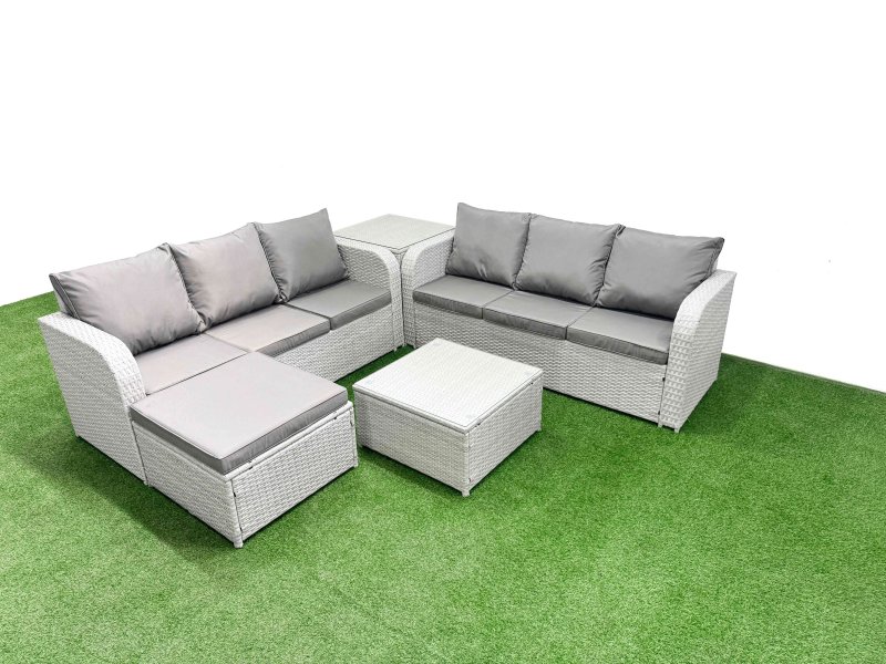 Fimous Outdoor Garden Furniture Sets 7 Seater Wicker Rattan Furniture Sofa Sets with Square Coffee Table high Back Lounge Sofa Big Footstool Side Table Light Grey