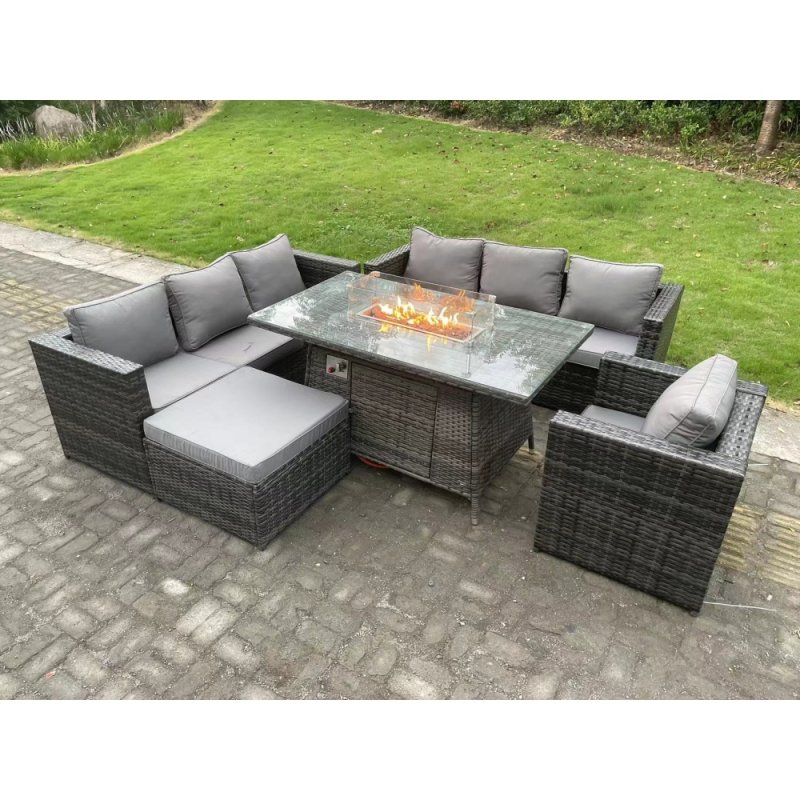 Fimous Outdoor Rattan Garden Furniture Sofa Set Gas Fire Pit Dining Table Gas Heater Burner With Armchair Big Footstool 8 Seater Dark Grey Mixed