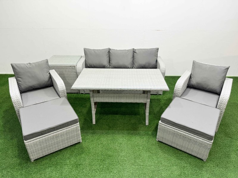 Fimous PE Rattan Garden Furniture Set Reclining Chair Sofa Lounge Sofa Set Rectangular Dining Table Side Table 2 Big Footstool Light Grey