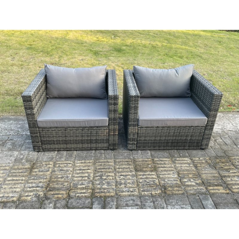 Fimous 2 PC Outdoor Rattan Single Sofa Chair Garden Furniture With Seat and Back Cushion Dark Grey Mixed