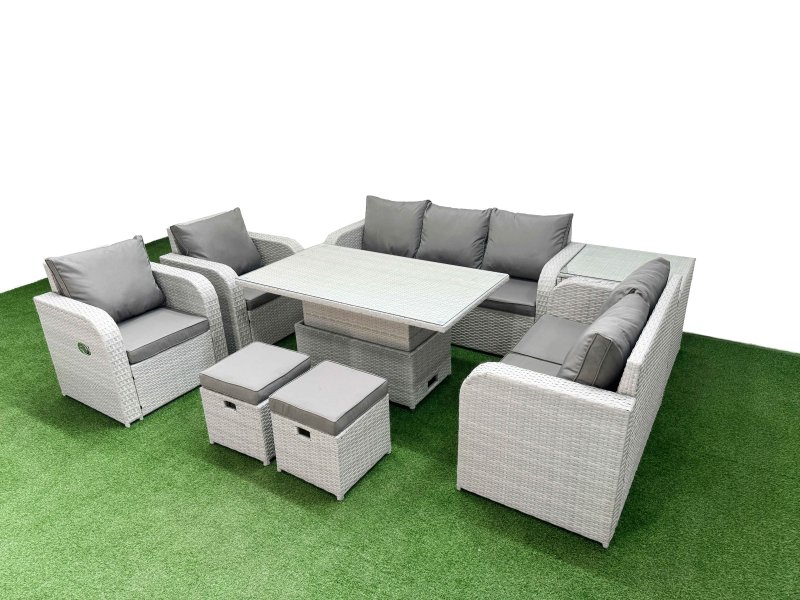 Fimous PE Rattan Garden Furniture Set Reclining Chair Sofa Double Love Seat 2 Seater Sofa Lounge Set Adjustable Lifting Dining or Coffee Table 2 Stools Side Table Light Grey