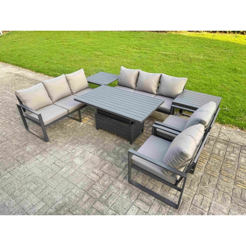 Fimous Garden Aluminium Furniture Set Dark Grey 8 Seater Outdoor Patio Adjustable Rising Lifting Dining Table with 2 Chairs Side Table Dark Grey