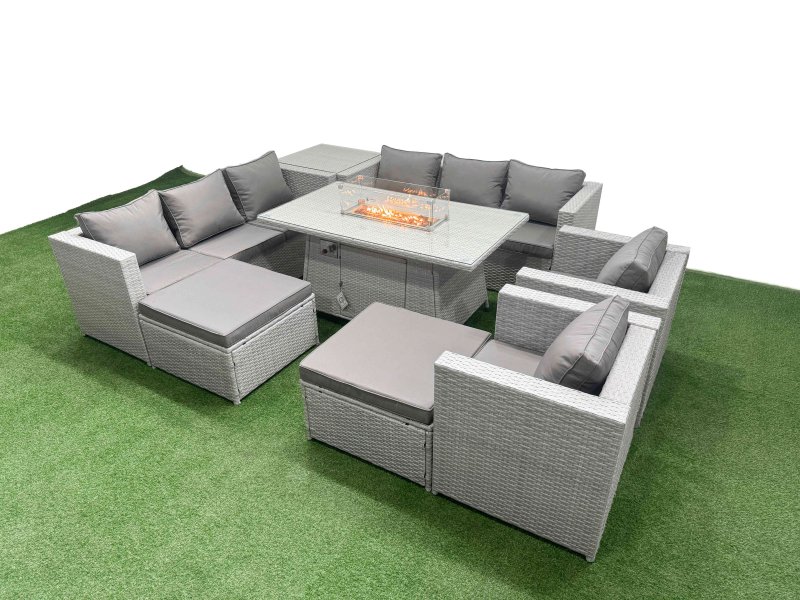 Fimous 10 Seat PE Rattan Lounge Sofa Set Outdoor Garden Furniture Set with Firepit Dining Table 3 Seater Sofa Side Table 2 Big Footstool Light Grey