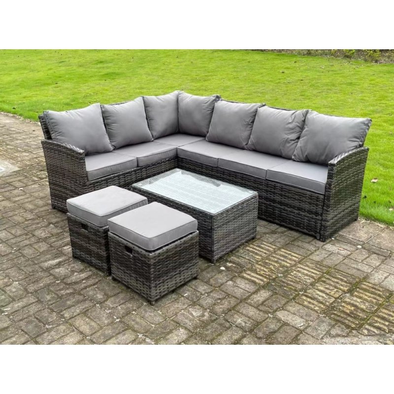 High Back Dark Mixed Grey Rattan Corner Sofa Set Outdoor Furniture Rectangular Coffee Table 2 Small Footstools 8 Seater