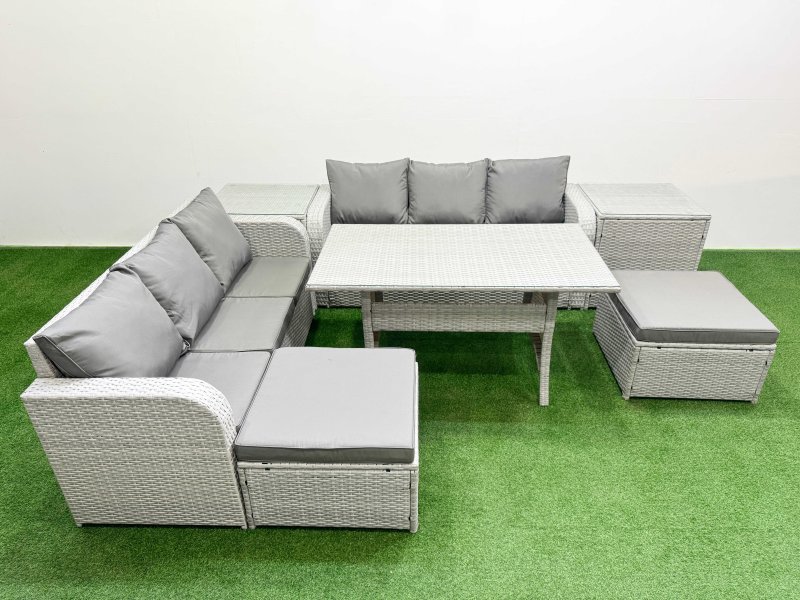 Fimous Outdoor Garden Furniture Sets 8 Seater Wicker Rattan Furniture Sofa Sets with Rectangular Dining Table high Back Lounge Sofa 2 Big Footstool 2 Side Table Light Grey