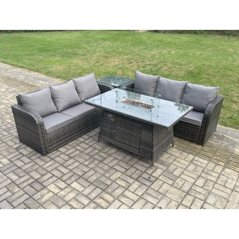 Fimous Rattan Garden Furniture Set with Fire Pit Table 4 Pieces Outdoor Patio Lounge Sofa Set Dark Grey Mixed