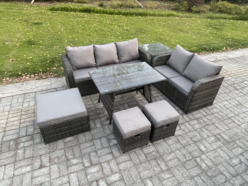 Fimous Rattan Garden Furniture Dining Set 8 seater Patio Rectangular Table 3 Footstools Love Sofa Side Table Dark Grey Mixed