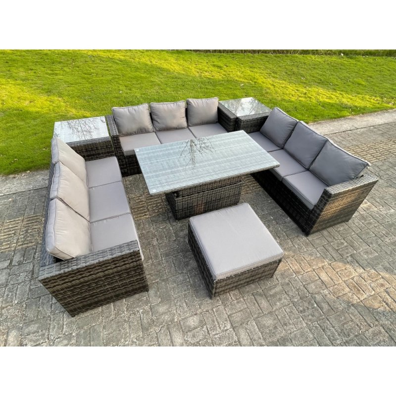 Fimous U Shape Rattan Gardern Furniture Dining Sofa Set Adjustable Rising Dining Table With 2 Side Coffee Table Extra Big Footstool