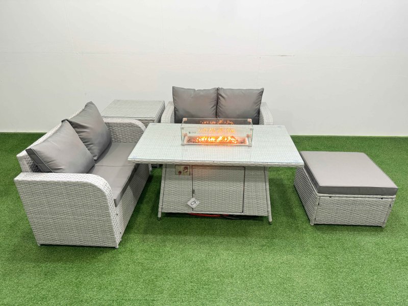 Fimous 5 Seater Outdoor Love Sofa Set Rattan Garden Furniture Set with Firepit Dining Table Big Footstool Side Table Light Grey