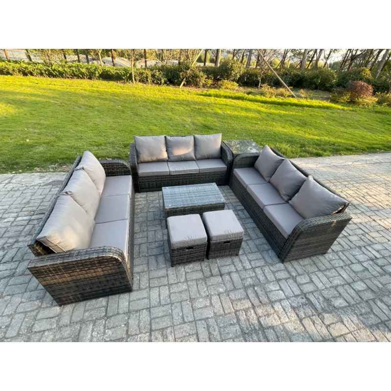 Fimous Rattan Lounge Sofa Set 11 Seater Outdoor Garden Furniture Set with Rectangular Coffee Table 3 Seater Sofa Side Table 2 Small Footstools Dark Grey Mixed