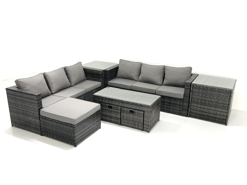 Fimous Garden Outdoor Rattan Furniture Set with Sofa Coffee table 3 Footstools 2 Side Tables Dark Grey Mixed