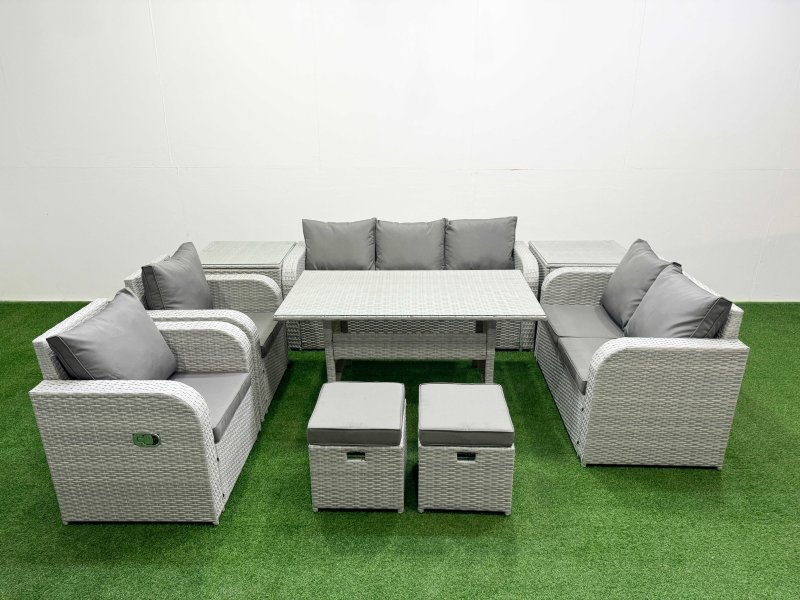 Fimous PE Rattan Garden Furniture Set Reclining Chair Sofa Double Love Seat 2 Seater Sofa Lounge Set Rectangular Dining Table 2 Stools 2 Side Table Light Grey