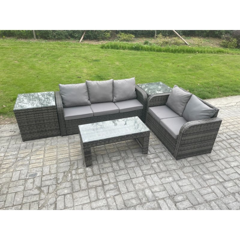 Fimous Rattan Wicker Garden Furniture Patio Conservatory Sofa Set with Rectangular Coffee Table Reclining Chair 2 Side Tables