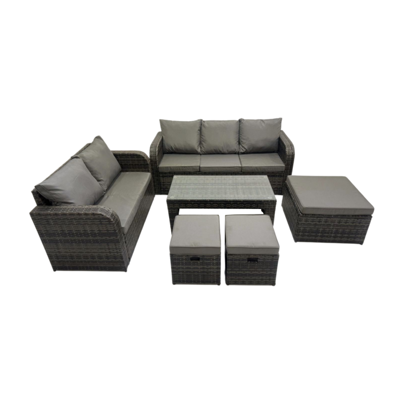 Fimous Rattan Garden Outdoor Furniture Set 3 Seater Sofa Love Sofa Coffee Table with 3 Footstools Dark Grey Mixed