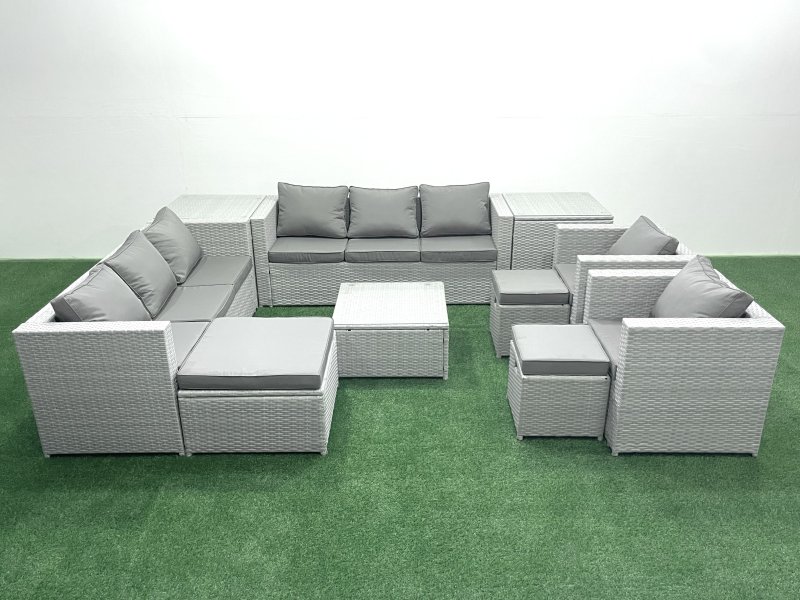 Fimous Outdoor Rattan Sofa Garden Furniture Set with 2 Armchairs Square Coffee Table 3 Footstools 2 Side Tables Light Grey Mixed