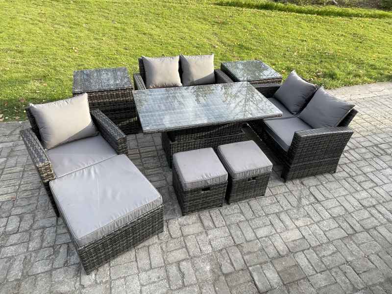 Fimous 8 Seater Outdoor Rattan Patio Furniture Set Garden Height Adjustable Rising Lifting Table Sofa Dining Set with 2 Side Tables 3 Footstools Dark Grey Mixed