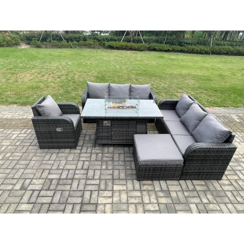 Fimous Rattan Outdoor Furniture Gas Fire Pit Rectangle Dining Table Gas Heater Reclining Chair 3 Seater Sofa Sets with Big Footstool 8 Seater