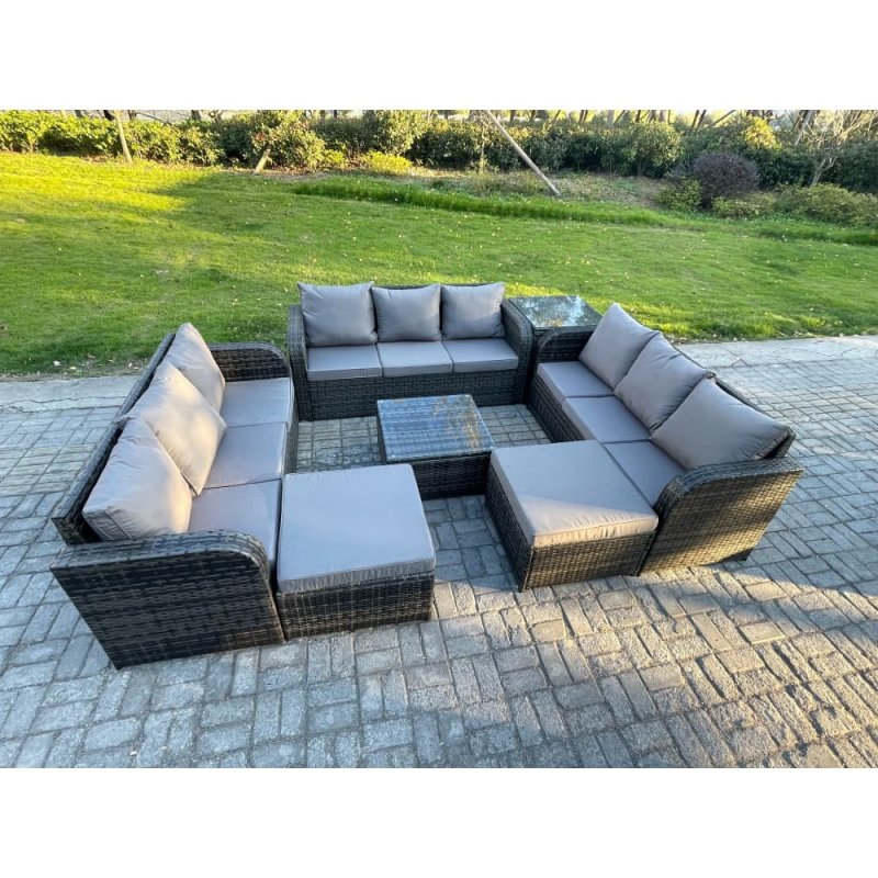 Fimous 11 Seater Rattan Outdoor Furniture Set Patio Garden Sofa Set with Square Coffee Table 3 Seater Sofa 2 Big Footstool Side Table Dark Grey Mixed