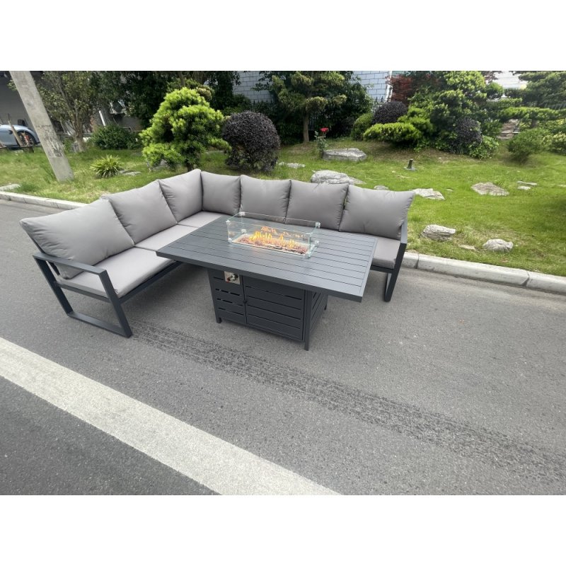 Fimous Aluminum Outdoor Garden Furniture Corner Sofa Gas Fire Pit Dining Table Sets Gas Heater Burner Dark Grey 6 Seater