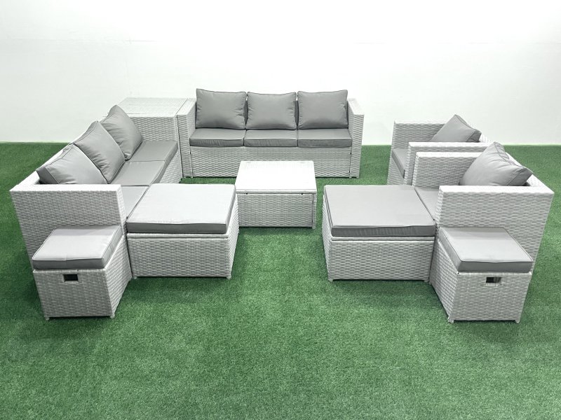 Fimous Garden Outdoor Furniture Set 12 Seater Rattan Sofa Set with 4 Footstools Side Table Light Grey Mixed