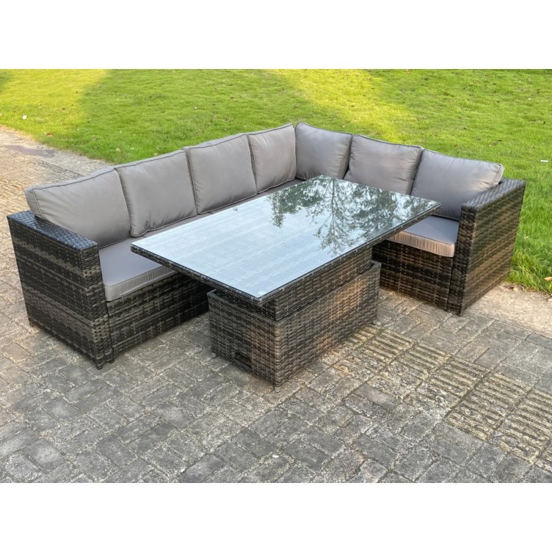 Fimous 6 Seater Rattan Corner Sofa Set Rising Adjustable Dining Table Set With Seat And Back Cushion