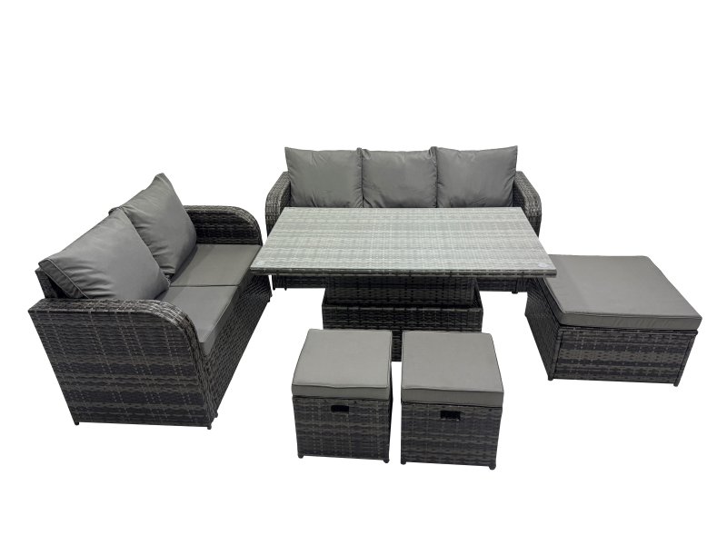 Fimous Rattan Garden Furniture Dining Set 8-seater Patio Height Adjustable Rising Lifting Table Sofa Set with 3 Footstools Dark Grey Mixed