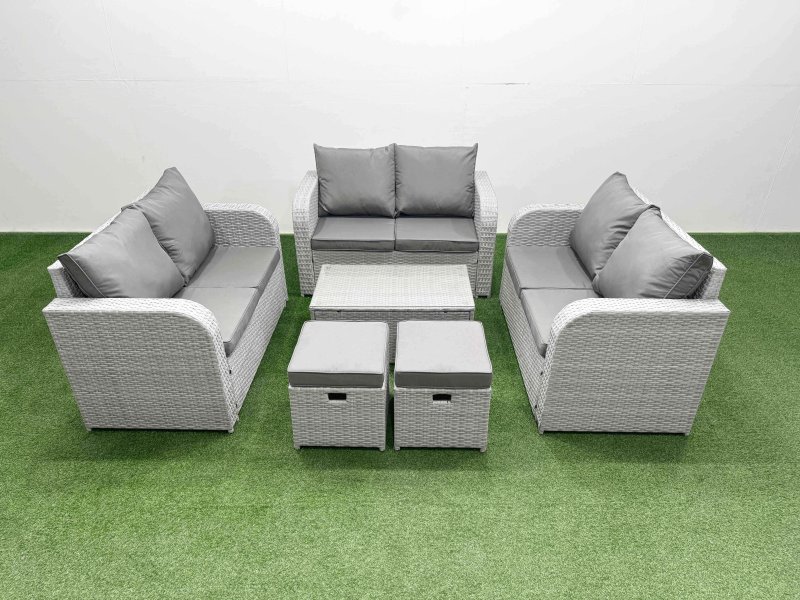 Fimous 8 Seater PE Wicker Rattan Furniture Sofa Sets with Rectangular Coffee Table 2 Seater Love Sofa 2 Stool Light Grey