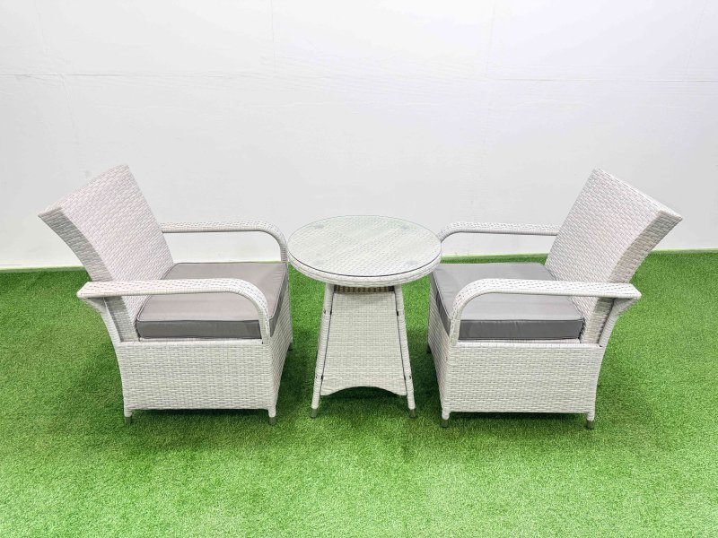 Fimous Wicker PE Rattan Garden Furniture Set Patio Outdoor 2 Chairs Plus Small Round Table Set Light Grey Mixed