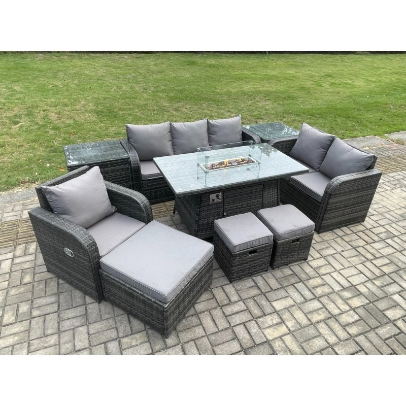 Fimous Garden Patio Furniture Wicker Rattan Gas Fire Pit Table and Sofa Chair set with 2 Side Tables 3 Footstool