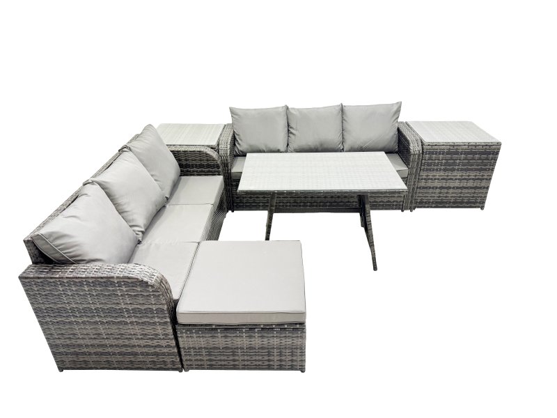 Fimous Garden Rattan Outdoor Furniture Set 7 Seater with 3 Seater Sofa Big Stool 2 Side Table Dark Grey