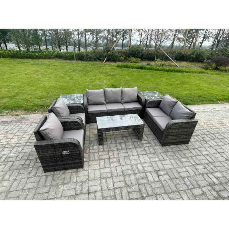 Fimous Outdoor Rattan Garden Furniture Set Rattan Lounge Sofa Set with Rectangular Coffee Table 2 Side Tables Dark Grey Mixed
