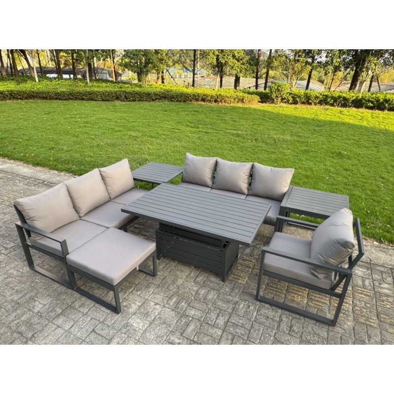 Fimous Aluminium Garden Furniture Sets,8 Seater Outdoor Sofa Dining Set with Adjustable Rising Lifting Dining Table Side Table Big Footstool for Yard,Poolside, Patio, Dark Grey