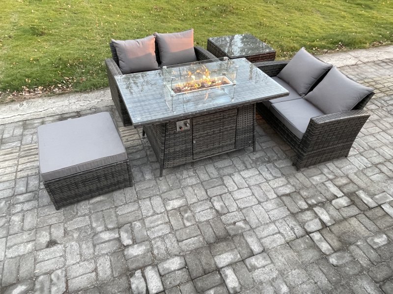 Fimous 5 Pieces Garden Furniture Sets Poly Rattan Outdoor Patio Gas Firepit Dining Table Sofa Set with Side Table Big Footstool