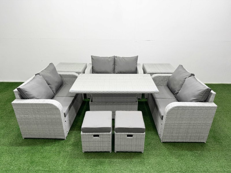 Fimous 8 Seater PE Wicker Rattan Furniture Sofa Sets with Adjustable Lifting Dining or Coffee Table 2 Seater Love Sofa 2 Stool 2 Side Table Light Grey